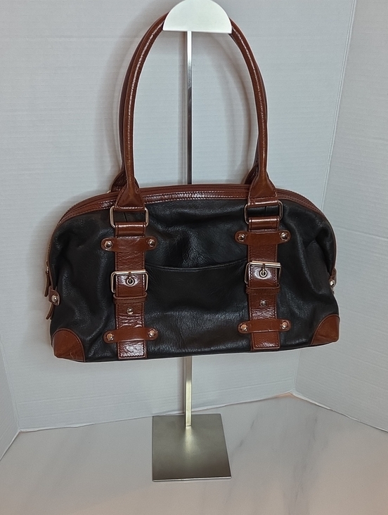 Danier Handbags - Danier Black Leather Shoulder Bag with Brown Trim